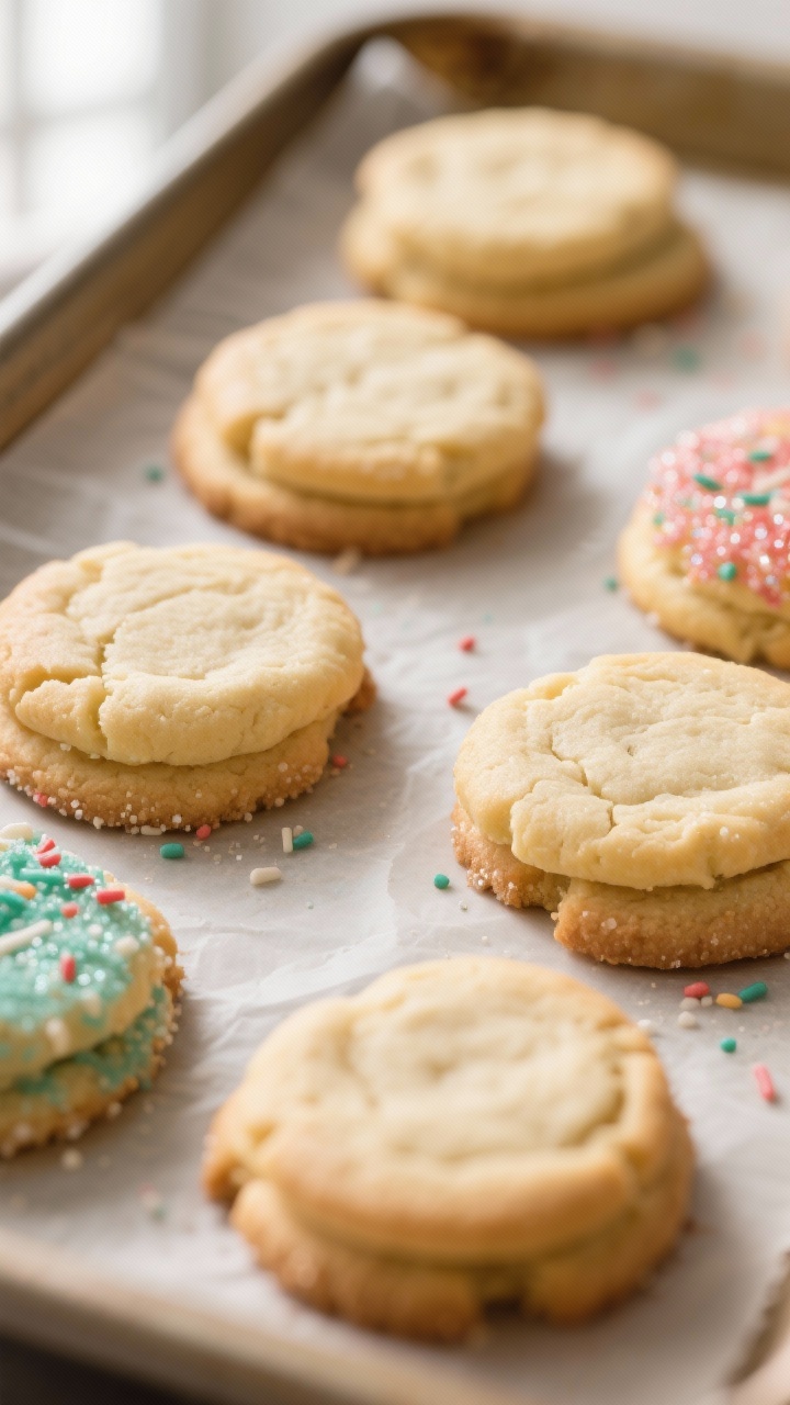 Close-up detail shot: A tray of freshly baked soft vegan sugar cookies just out of the oven, edges s