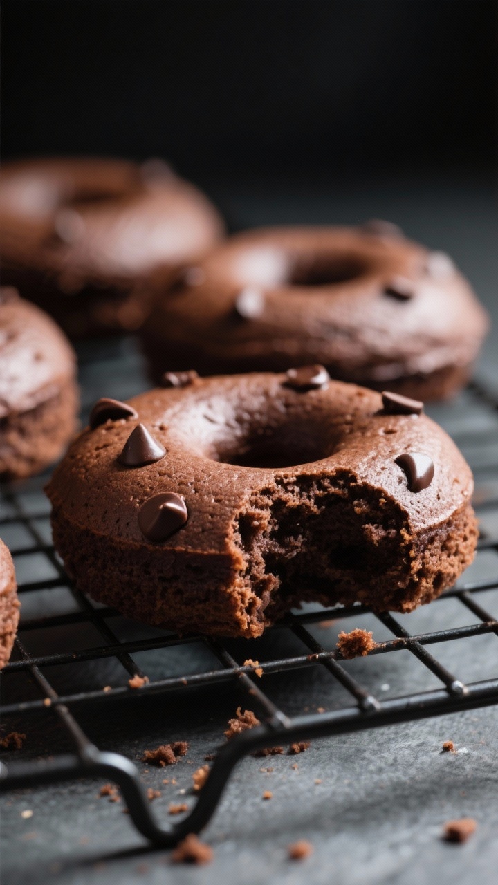 Close-up detail shot: freshly baked grain-free chocolate donuts just out of the pan, domed and sprin