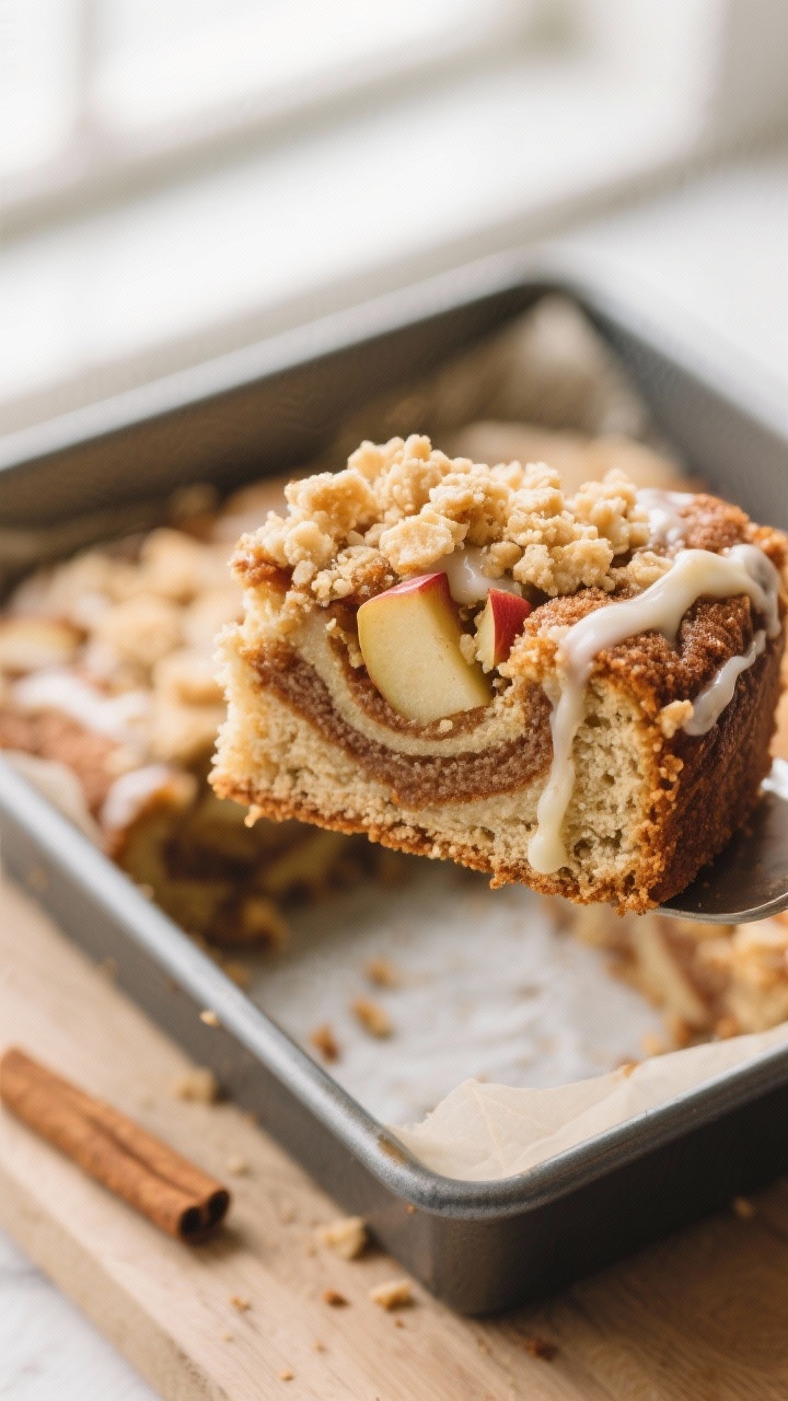 Close-up detail shot of a baked slice of gluten-free apple cinnamon coffee cake lifted slightly from