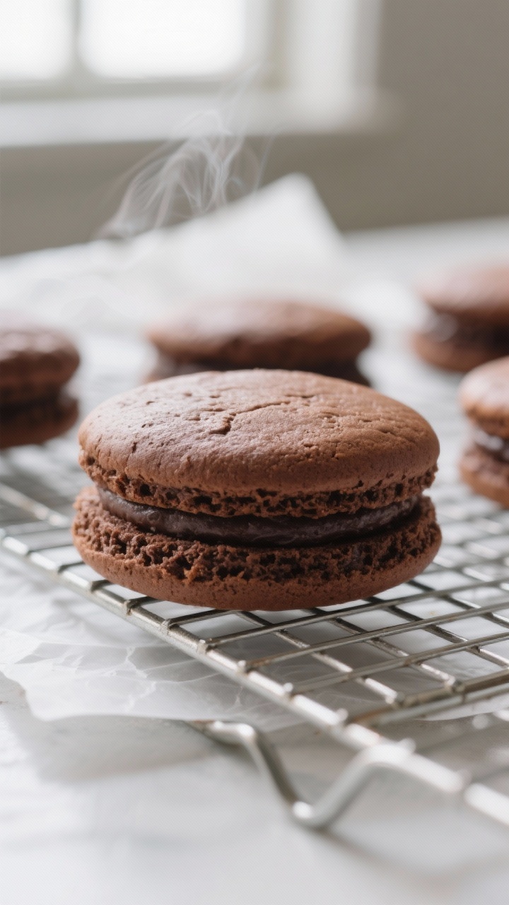 Close-up detail shot of a freshly baked chocolate whoopie pie cake (single half, no filling) cooling