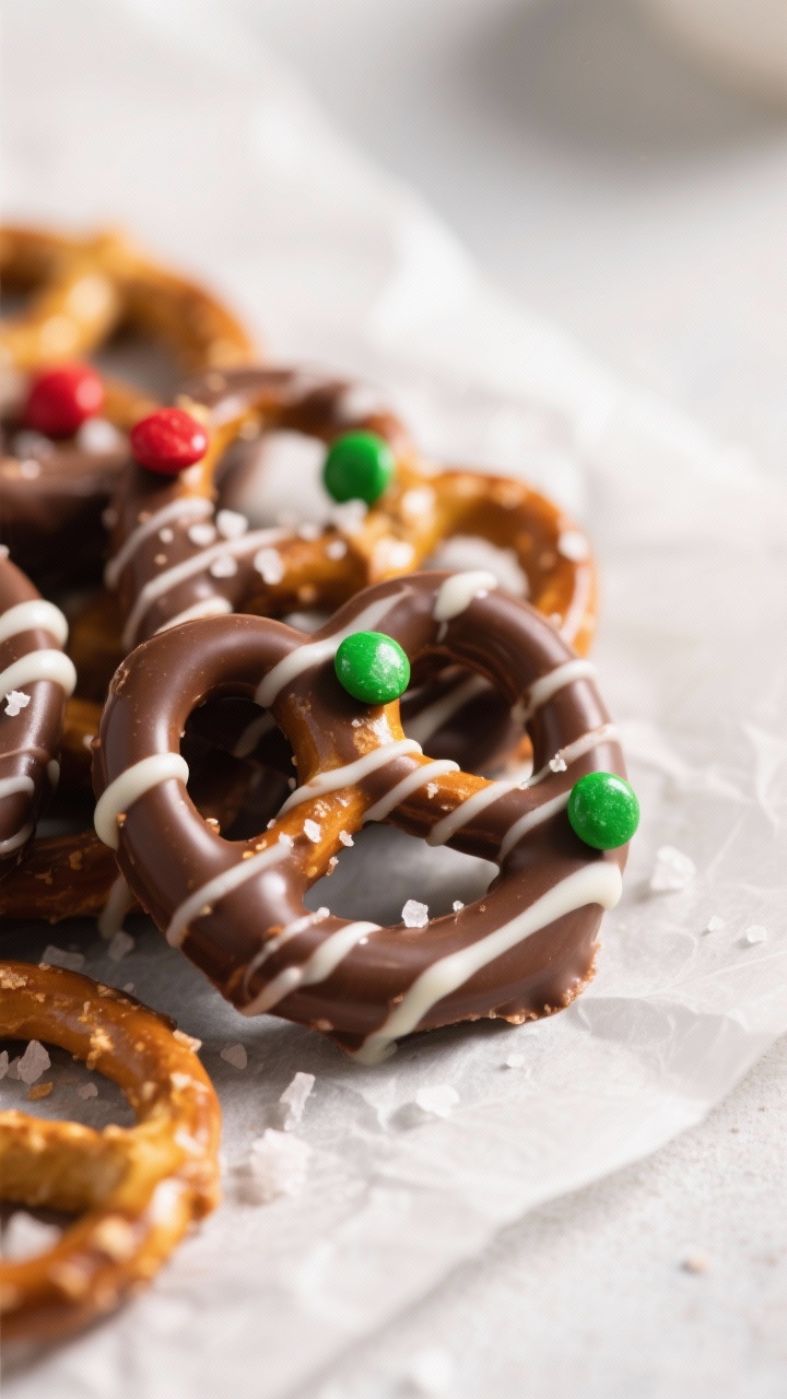 Close-up detail shot of freshly dipped mini twist pretzels resting on parchment, glossy semi-sweet c