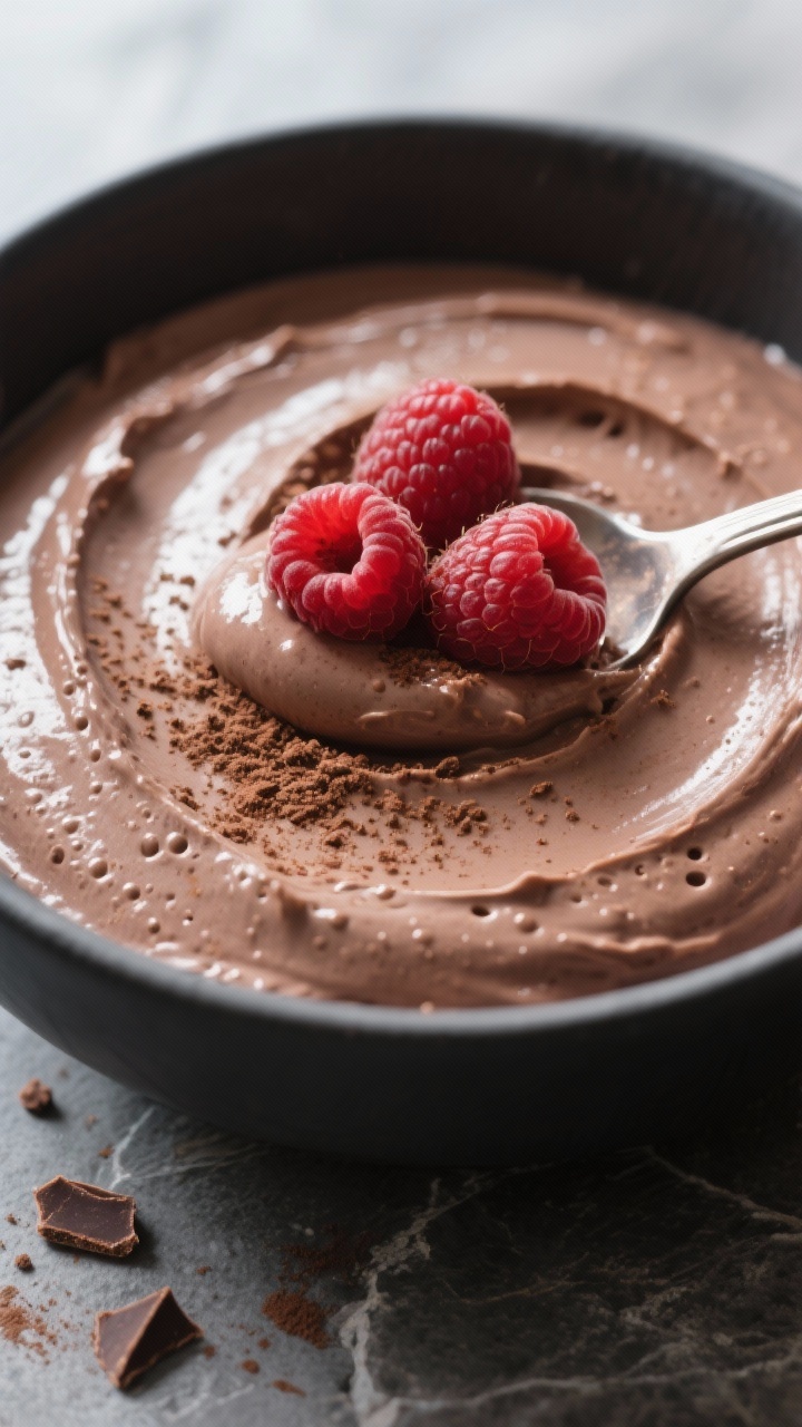 Close-up detail: Silken Tofu Chocolate Mousse spoon swoop showing ultra-smooth, airy texture with ti