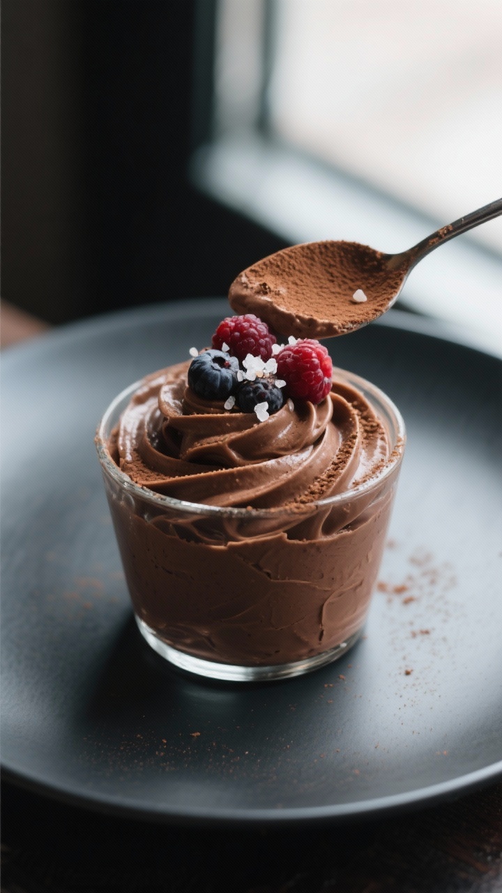 Close-up detail: Silky chocolate avocado mousse spooned into a small glass cup, ultra-creamy swirls 