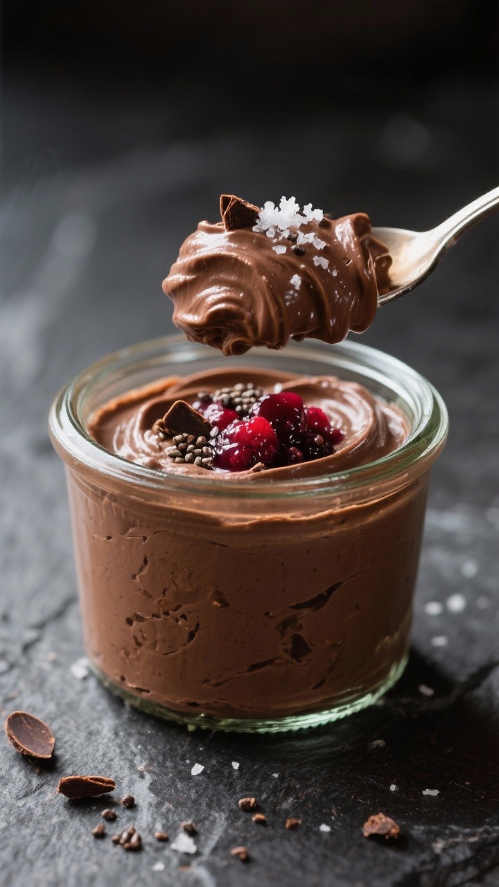 Close-up detail: Silky chocolate avocado mousse spooned into a small glass jar, ultra-creamy texture