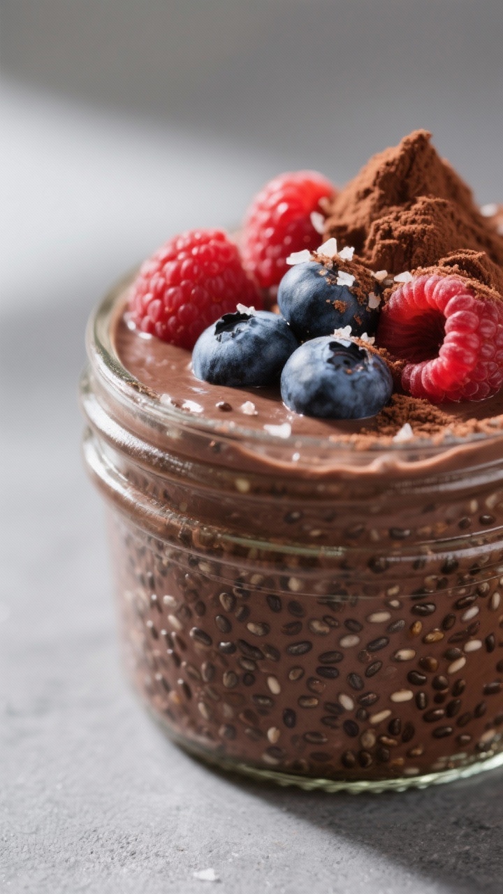 Close-up detail: Silky chocolate chia pudding in a small glass jar, thick and glossy with visible sw