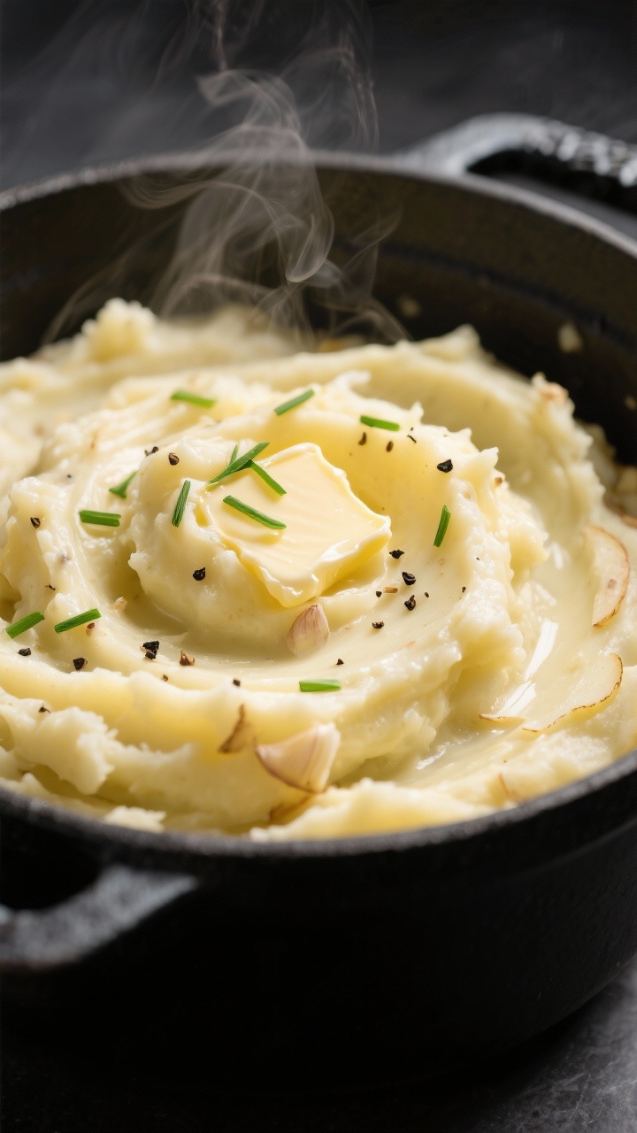Close-up detail: Silky mashed baby Yukon gold potatoes being folded with warm garlic-infused cream a