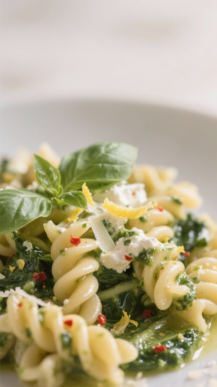 Close-up detail: Silky ricotta-spinach sauce clinging to al dente fusilli, flecks of lemon zest and 