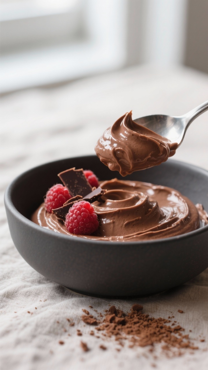 Close-up detail: Silky vegan chocolate mousse just after chilling, spoon swooping a glossy curl to r