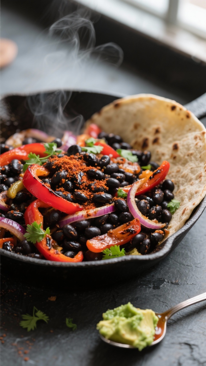 Close-up detail: Sizzling black bean and veggie skillet for tacos, showing charred red onion and bel