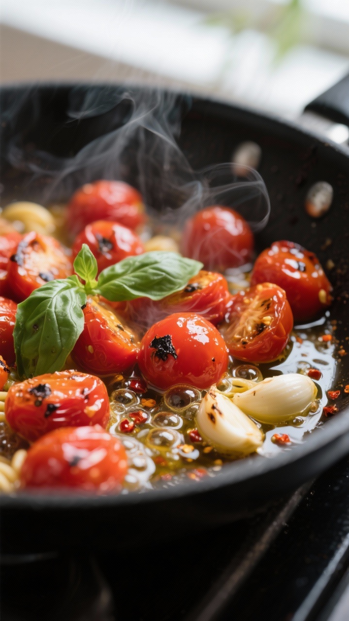 Close-up detail: Sizzling cherry tomatoes and pale-gold garlic in olive oil for the Weeknight Tomato