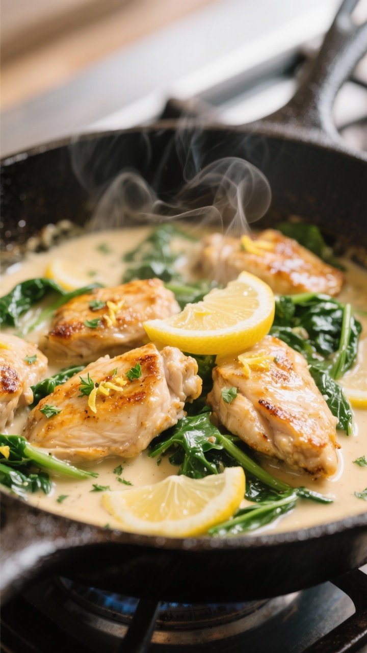 Close-up detail: Sizzling creamy lemon chicken skillet mid-simmer, golden-browned chicken thigh stri
