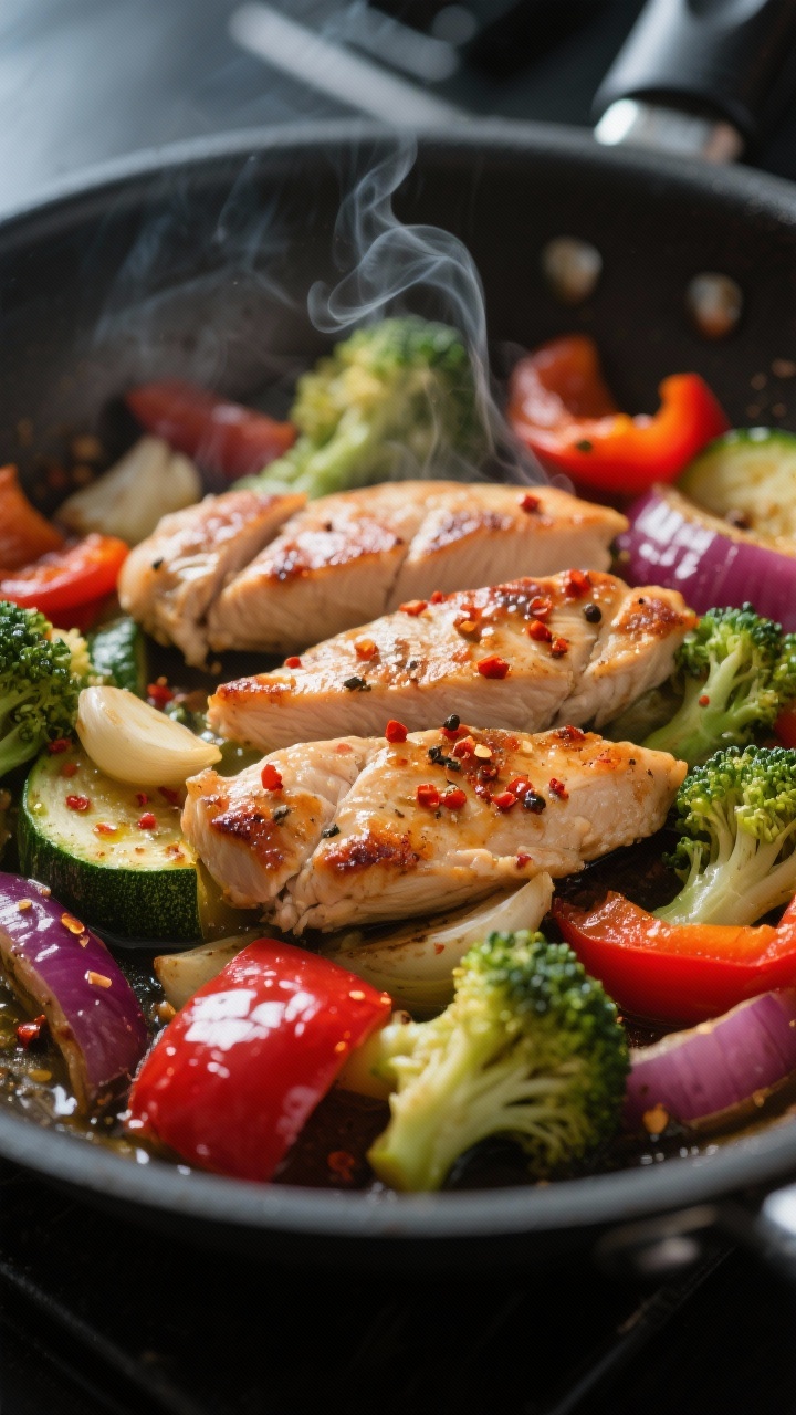 Close-up detail: Sizzling seared chicken strips nestled among crisp-tender broccoli, red bell pepper
