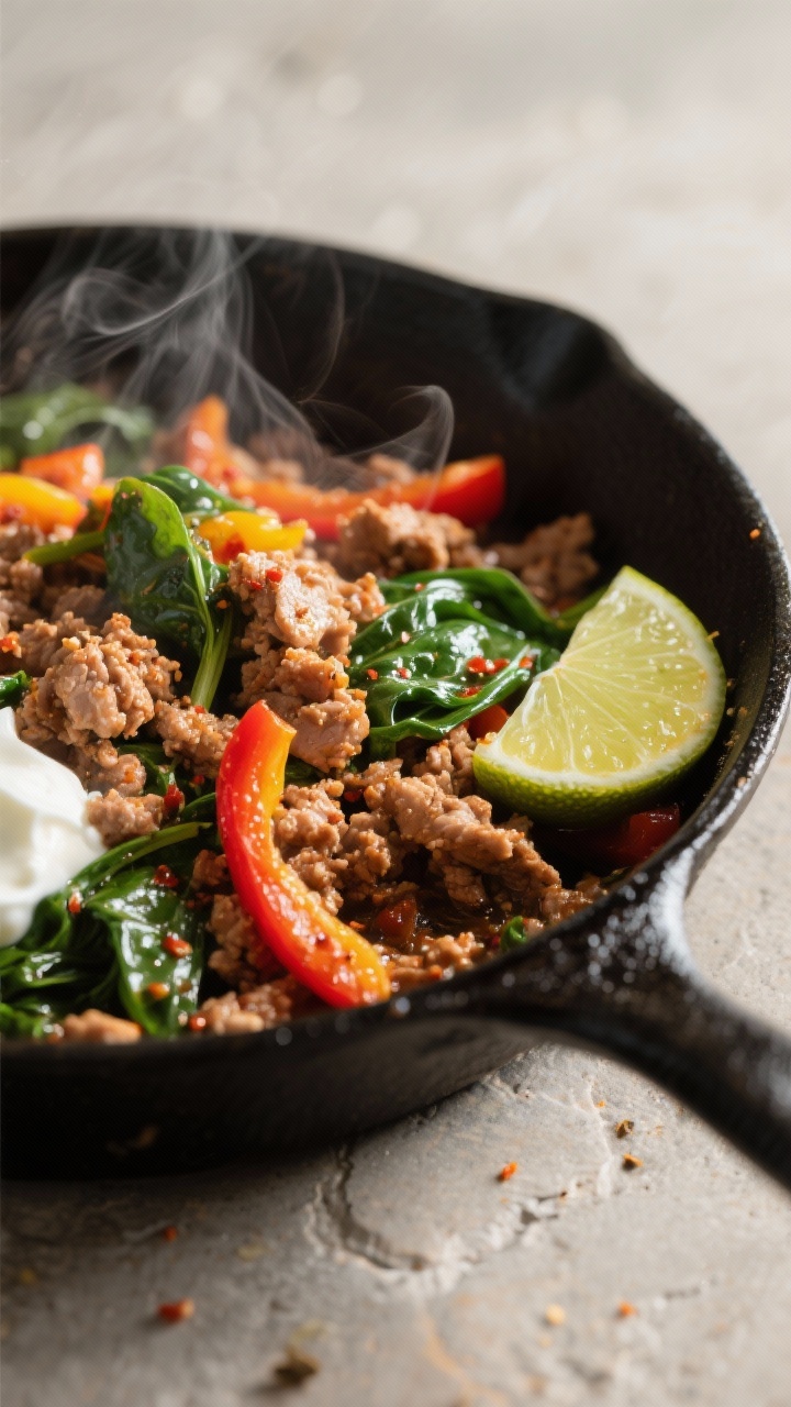 Close-up detail: Sizzling Turkey Power Skillet mid-cook, browned crumbles of chili-paprika-cumin sea