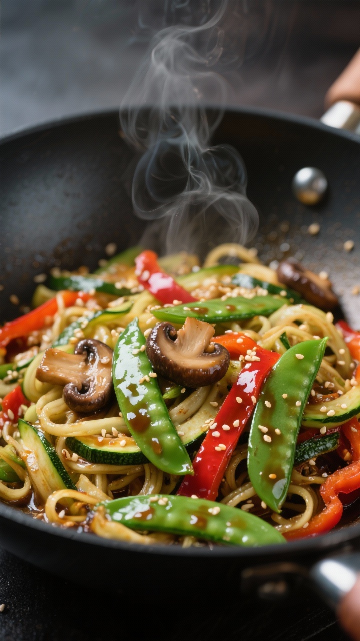 Close-up detail: Sizzling zucchini noodle stir fry in a wok right after saucing—glossy soy-sesame 