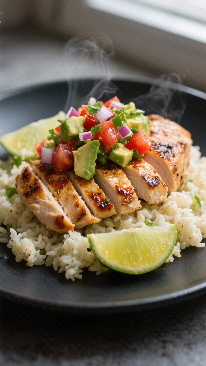Close-up detail: Sliced chili-lime chicken just off the skillet, glistening with lime juice and a li