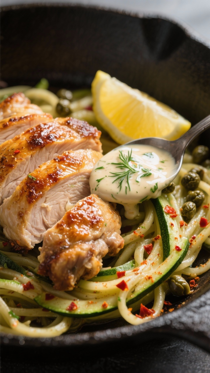 Close-up detail: Sliced garlic-chili chicken thigh with deeply golden, crispy skin and juicy interio