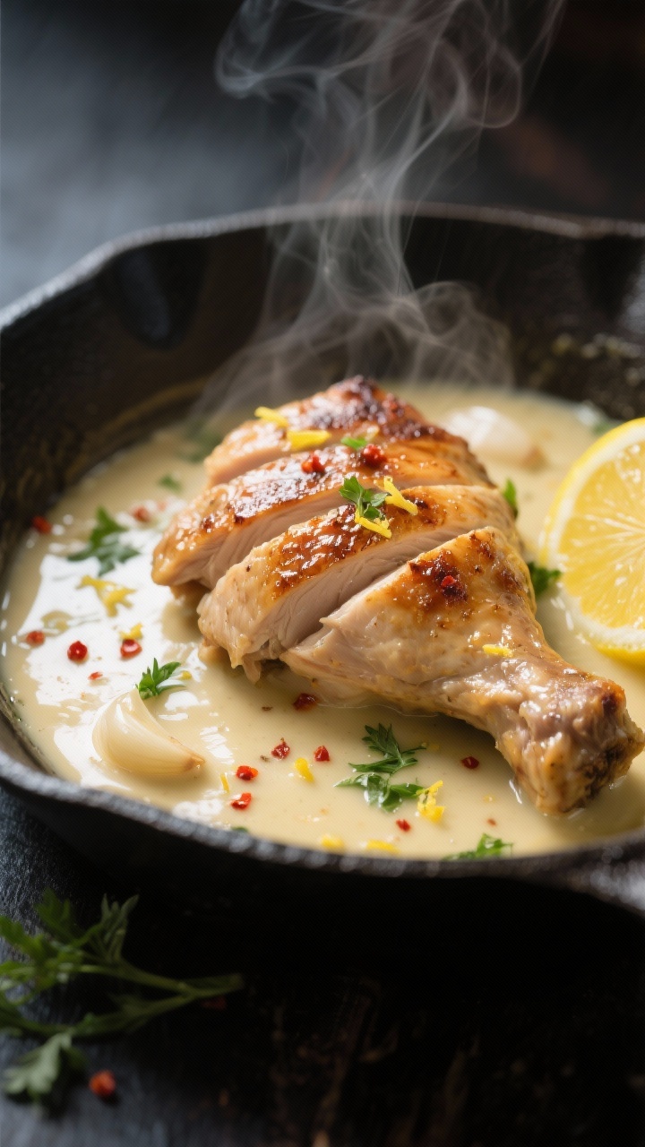 Close-up detail: Sliced seared chicken thigh nestled in a glossy garlic-lemon cream sauce, specks of