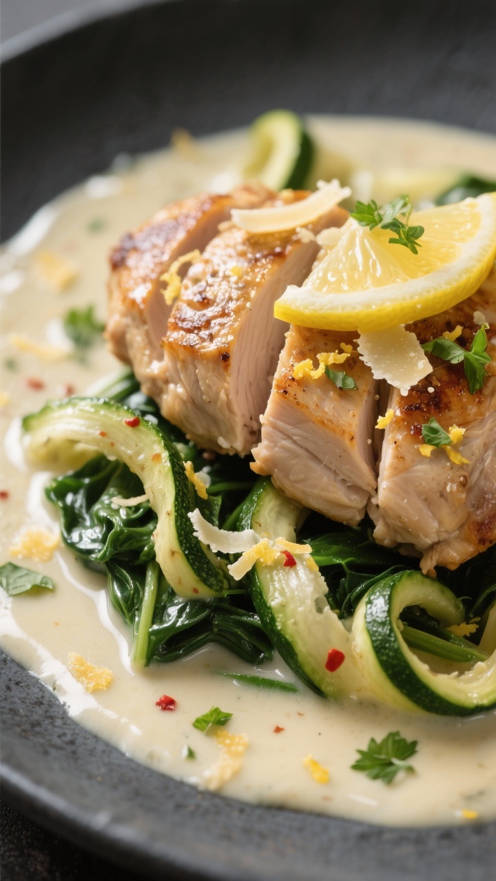 Close-up detail: Sliced seared chicken thigh nestled in glossy lemon-garlic cream sauce, flecks of l