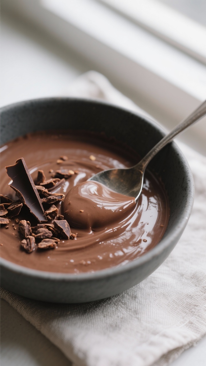 Close-up detail: Spoon scooping into a silky vegan chocolate pudding, showing glossy, spoon-licking 