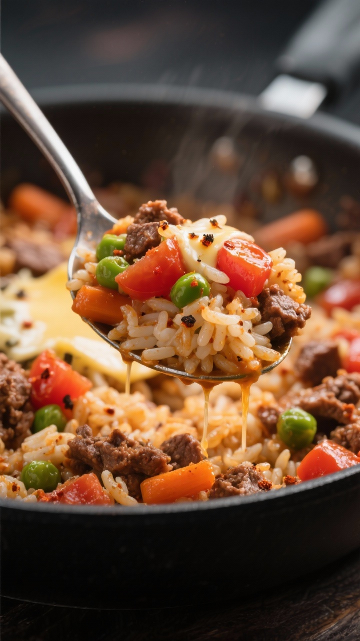 Close-up detail: Spoonful of the finished beef-and-rice lifted from the pan, showing distinct, glist