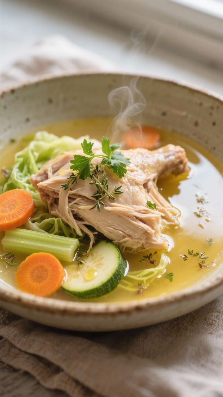 Close-up detail: Steaming shredded chicken thigh nestled in a golden, clear low-sodium broth, with t