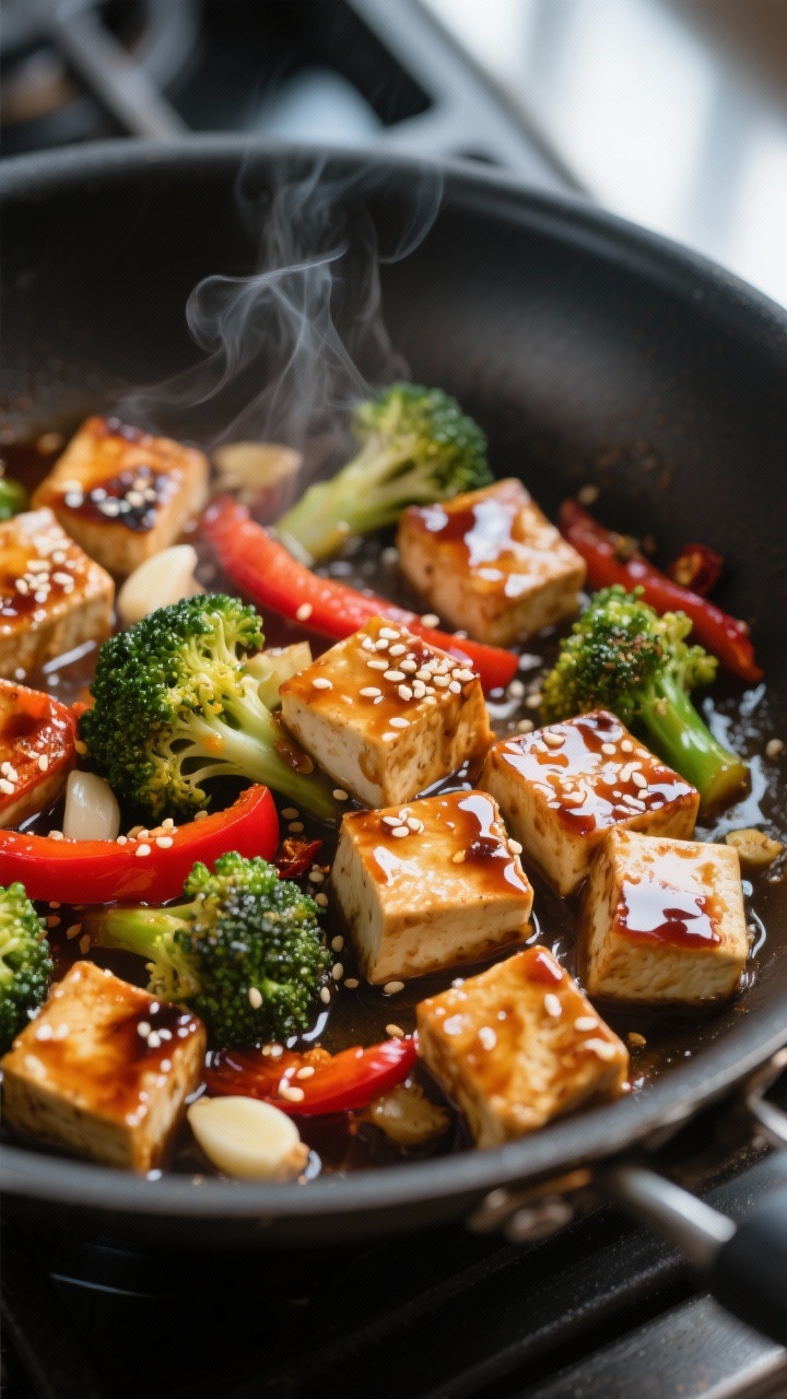 Close-up detail: Sticky chili-garlic tofu cubes searing in a skillet with glossy, thickened sauce cl