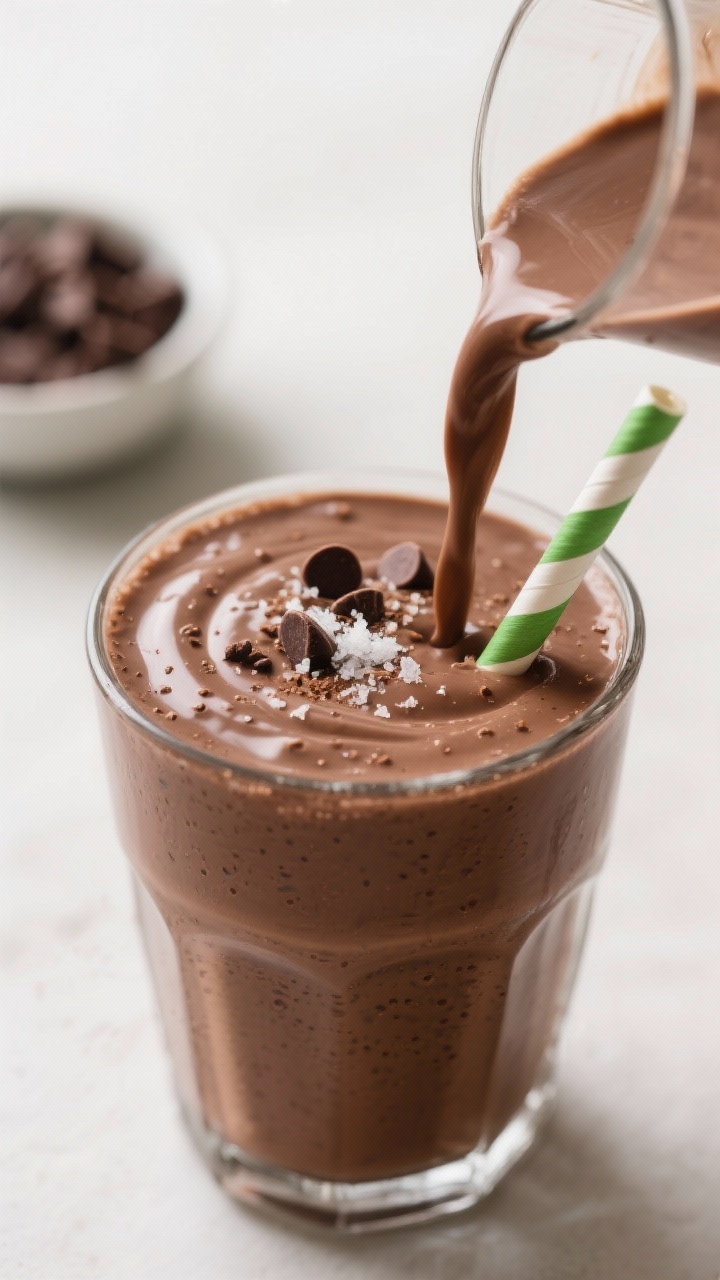 Close-up detail: Thick, creamy chocolate smoothie mid-pour into a kid-friendly glass with a striped 