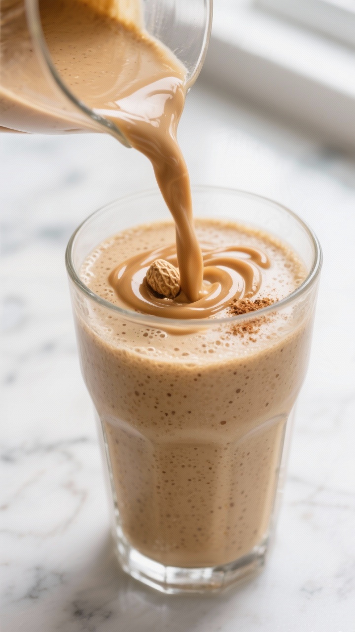 Close-up detail: Thick, creamy peanut butter banana breakfast smoothie mid-pour into a chilled clear