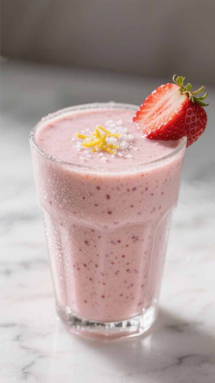 Close-up detail: Thick, creamy strawberry Greek yogurt smoothie just poured into a chilled clear gla