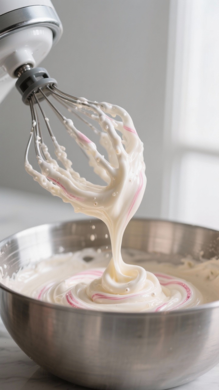Close-up detail: Thick, glossy divinity candy mixture streaming in a thin ribbon from a stand mixer 