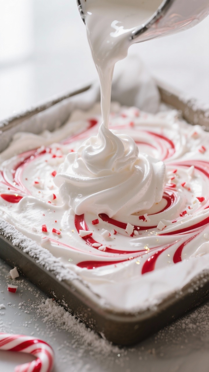 Close-up detail: Thick, glossy peppermint marshmallow fluff being poured into a parchment-lined, hea