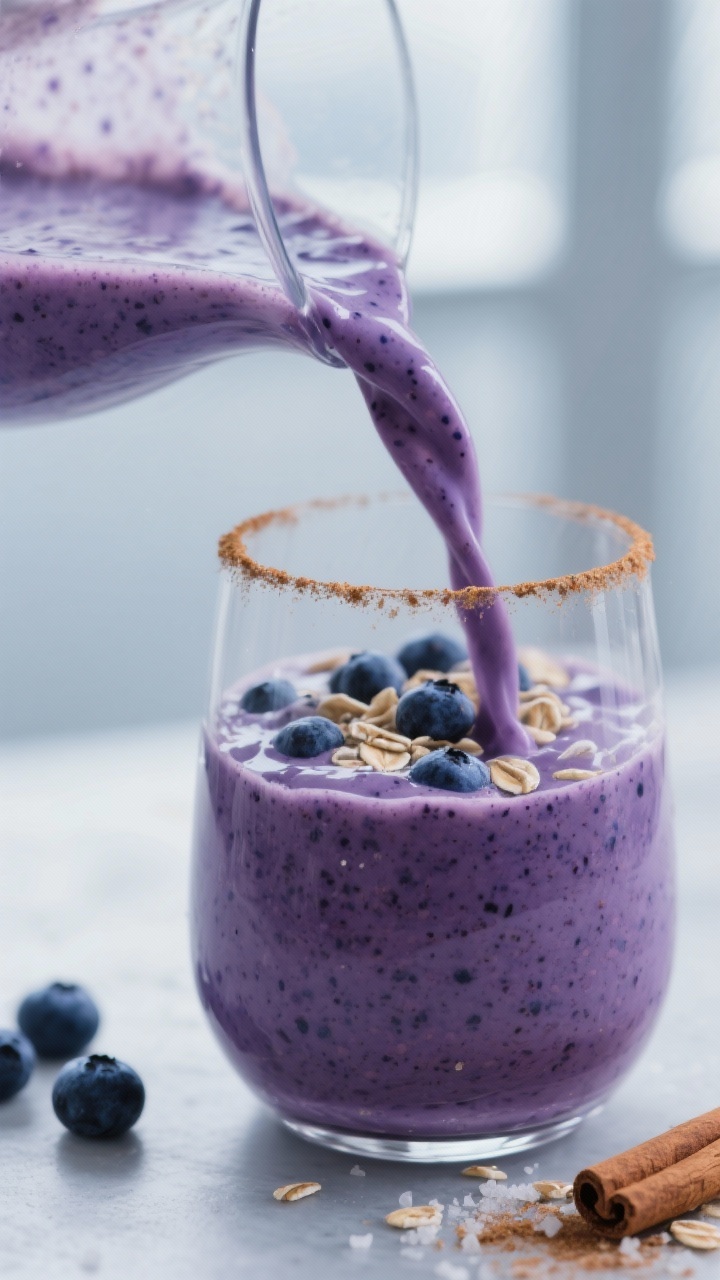 Close-up detail: Thick, velvety blueberry oatmeal breakfast smoothie mid-pour into a clear glass, de