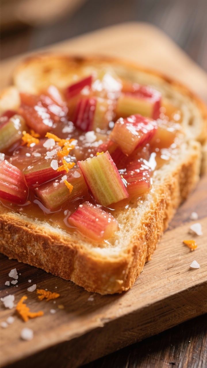 Close-up detail — toast application: Extreme close-up of warm sourdough toast spread with rhubarb 