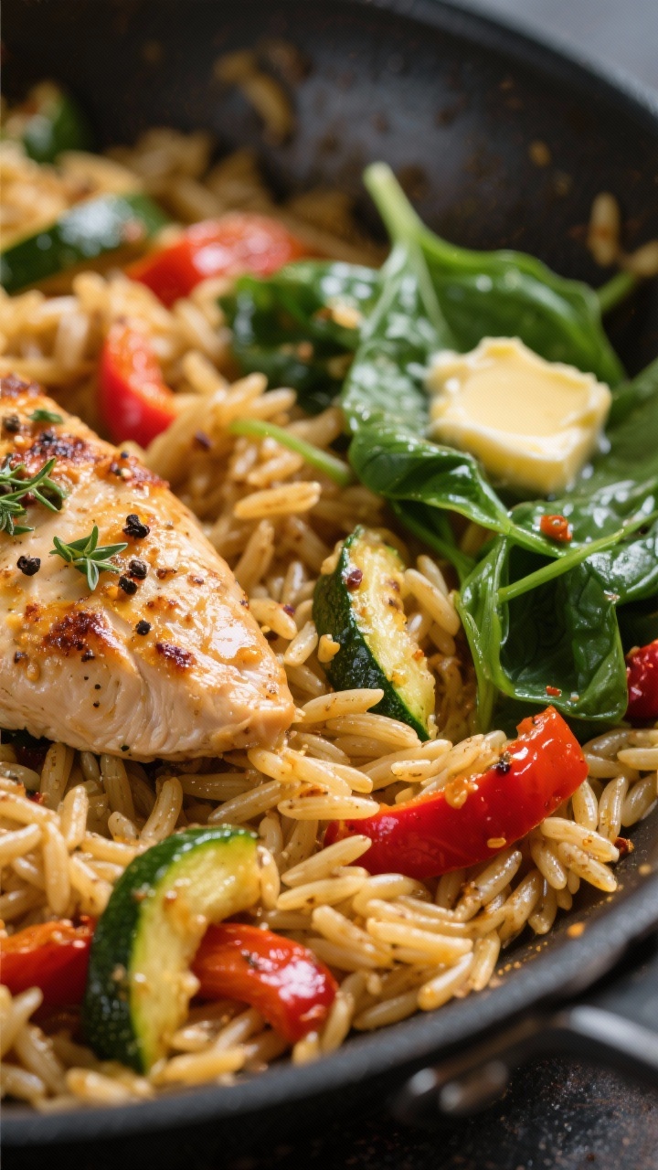 Close-up detail: Toasted orzo swirled through the skillet with the cooked chicken and veggies, each 