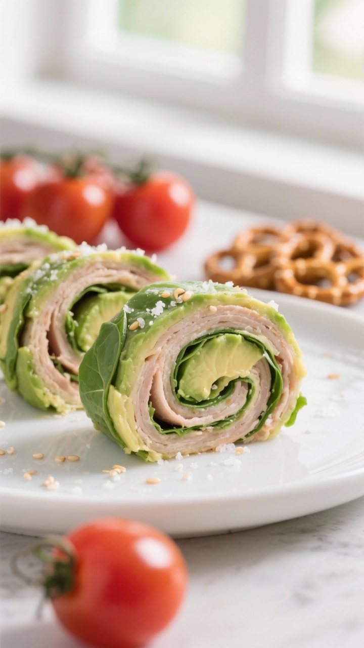Close-up detail: Turkey-Avocado Pinwheels sliced into tidy rounds, showing creamy avocado swirls, th