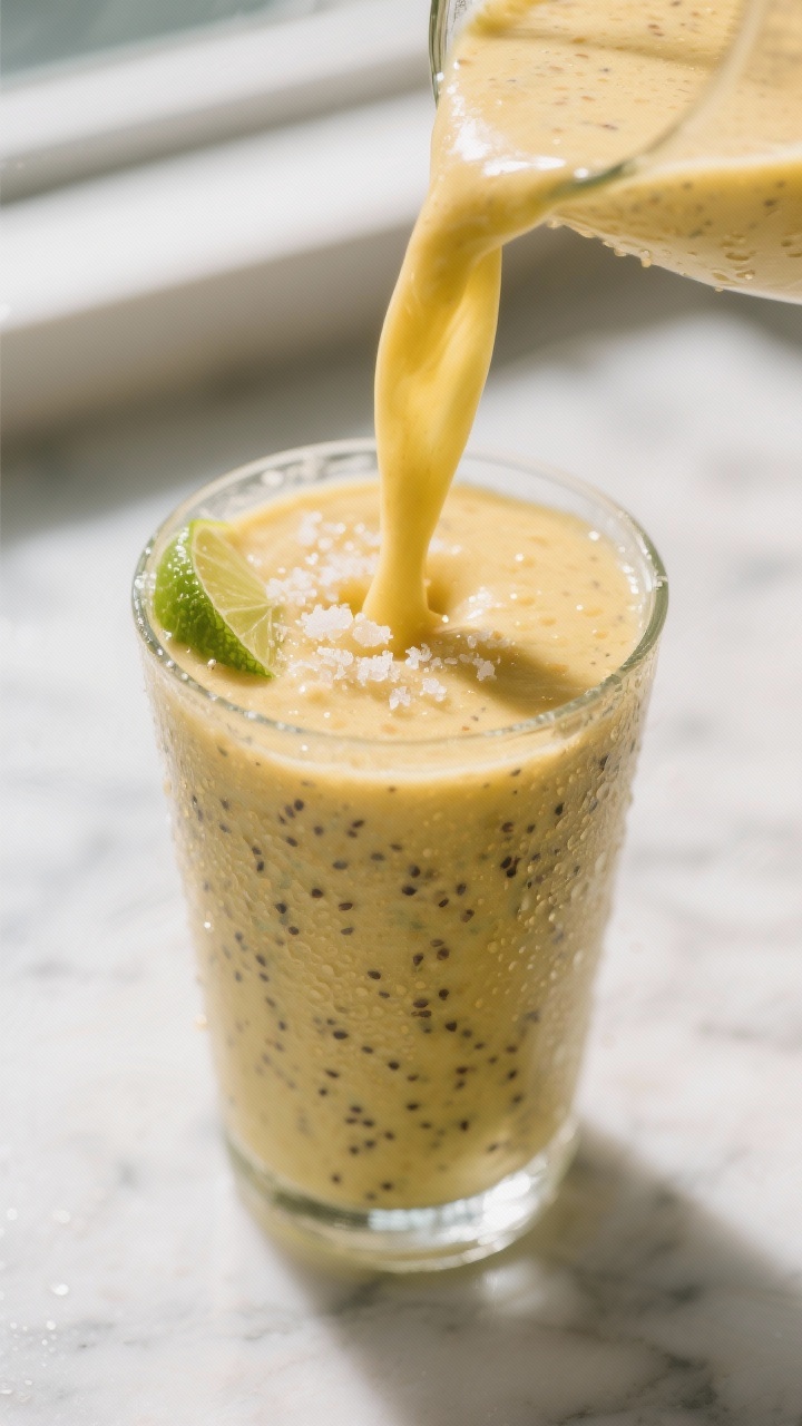 Close-up detail: Ultra-creamy mango–avocado smoothie mid-pour into a chilled clear glass, silky te