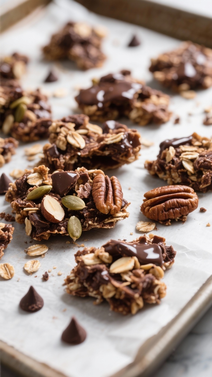 Close-up detail: Ultra-crunchy chocolate granola clusters cooling on parchment after baking, broken 