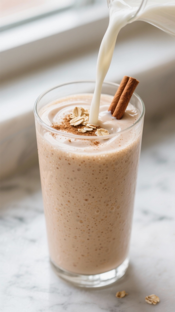 Close-up detail: Ultra-smooth apple cinnamon smoothie mid-pour into a tall clear glass, silky textur