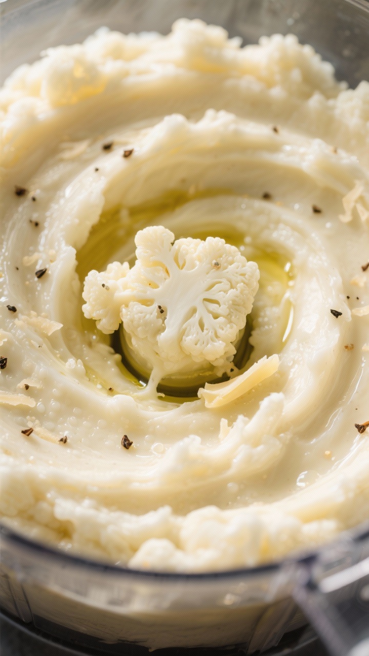 Close-up detail: Ultra-smooth creamy cauliflower mash mid-blend in a food processor, glossy ribbons 
