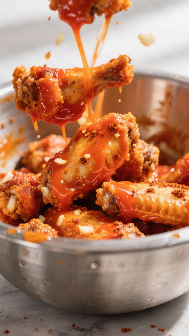 Close-up detail: Ultra-tight shot of crispy, hot chicken wings being tossed in thick, glossy Buffalo