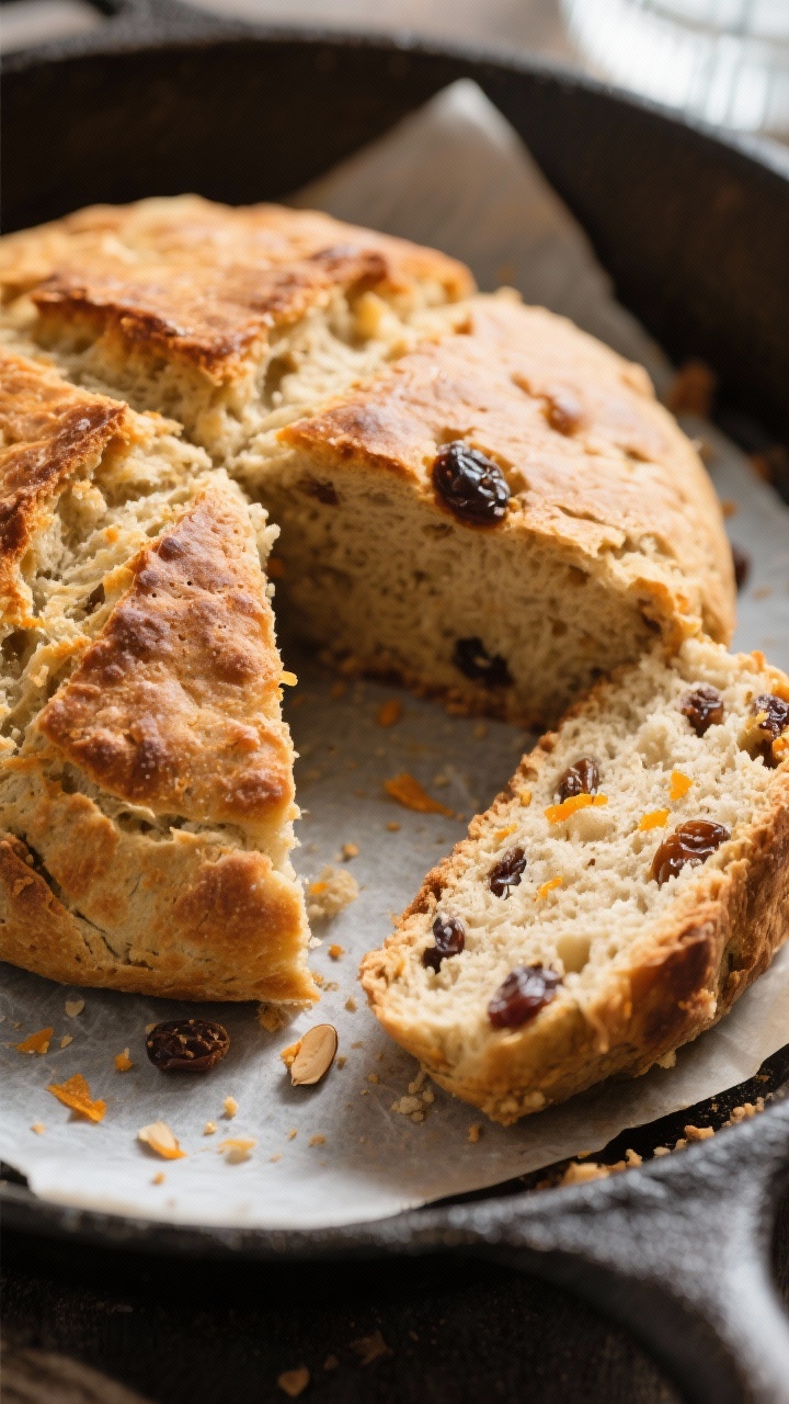 Close-up detail: Warm almond flour Irish soda bread just out of the oven, golden-brown crust with a 