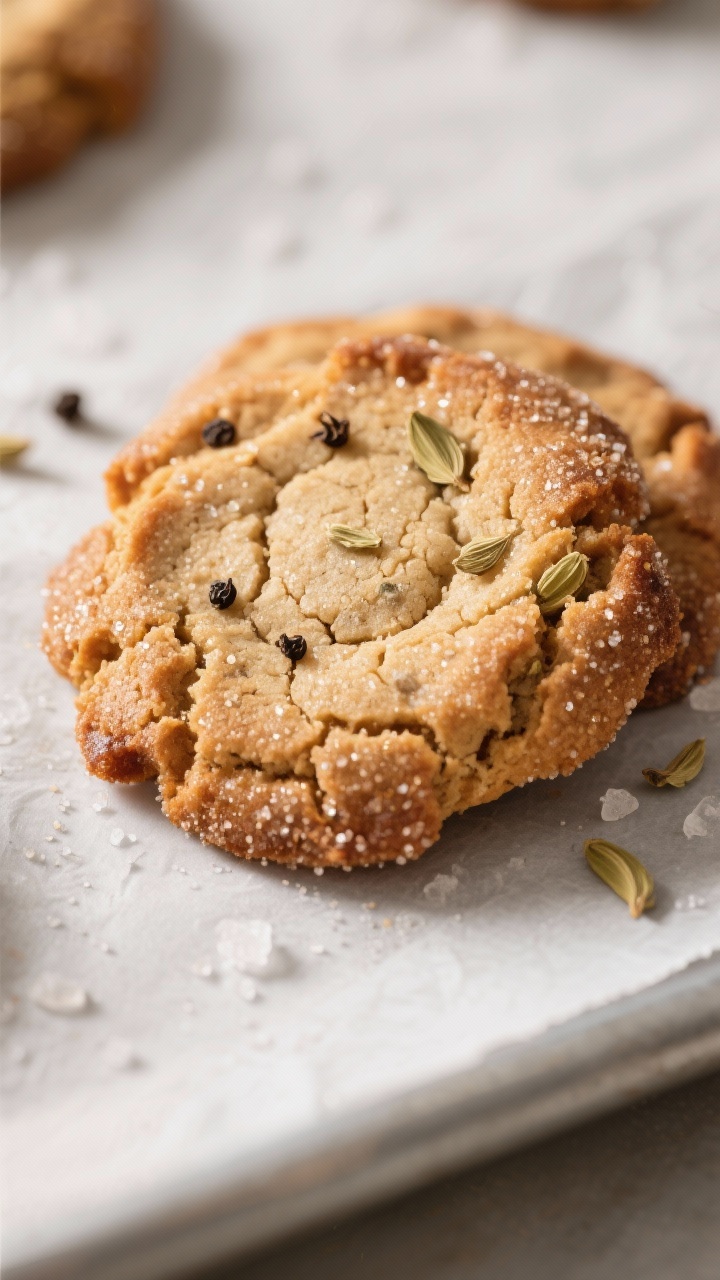 Close-up detail: Warm chai spiced cookie just out of the oven with caramelized, crisped edges and a 