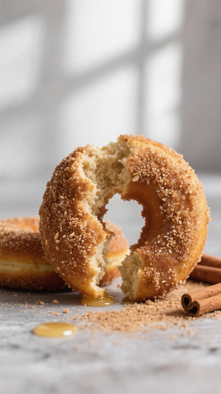 Close-up detail: Warm, freshly baked grain-free cinnamon sugar donuts just brushed with melted butte