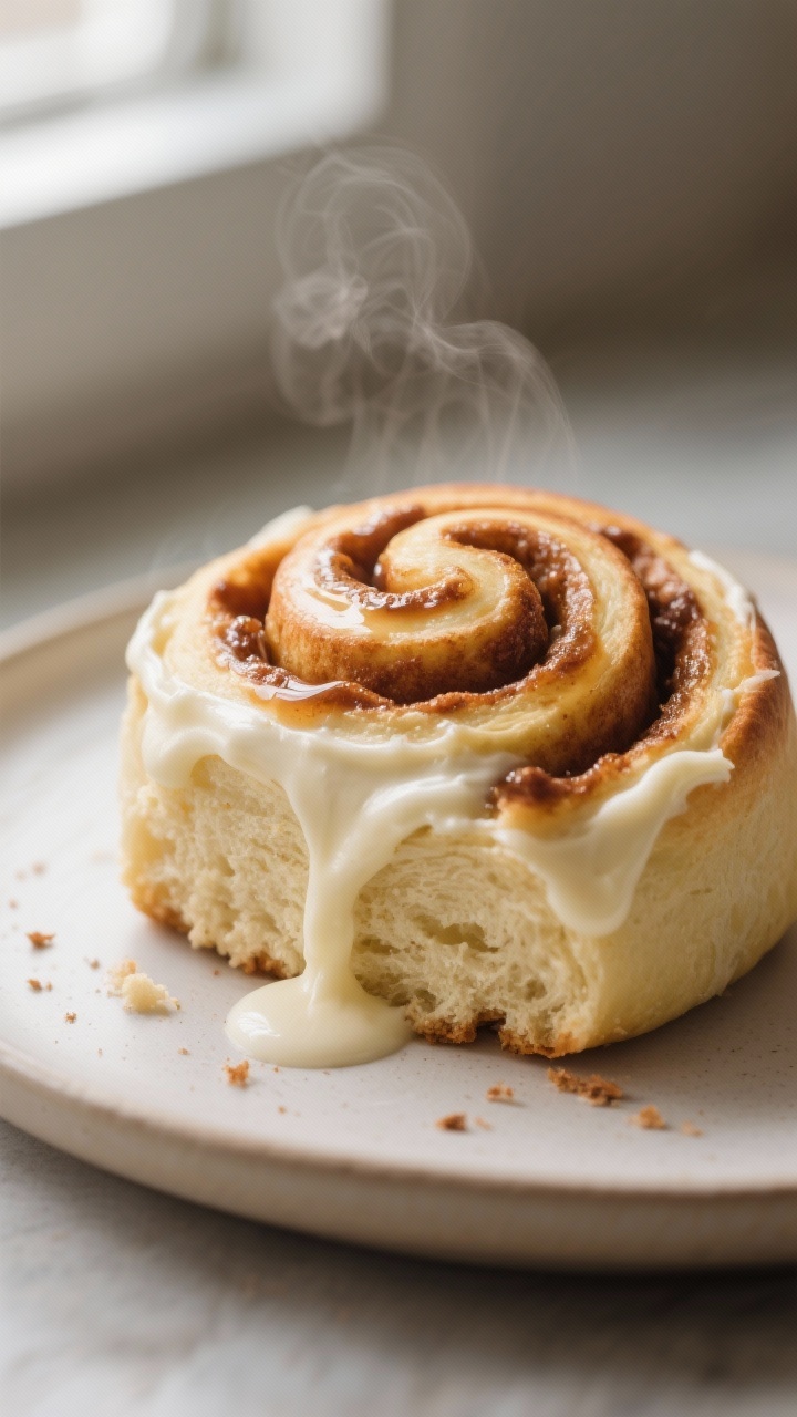 Close-up detail: Warm keto cinnamon roll just out of the oven with gooey cinnamon-erythritol filling