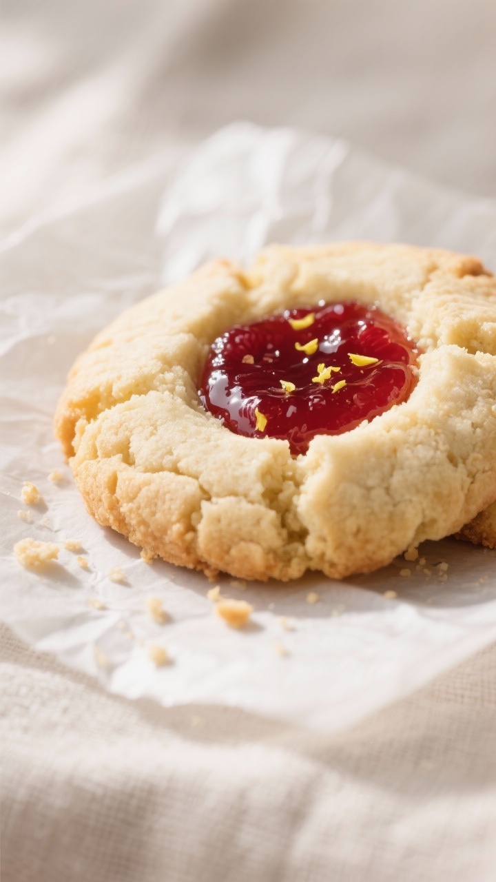 Close-up detail: Warm keto raspberry thumbprint cookie just out of the oven, buttery almond flour cr