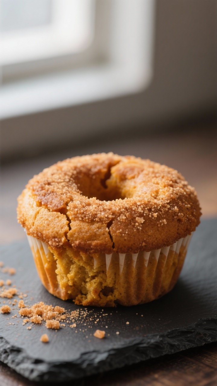 Close-up detail: Warm pumpkin donut muffin just coated, with cinnamon-sugar crystals clinging to the