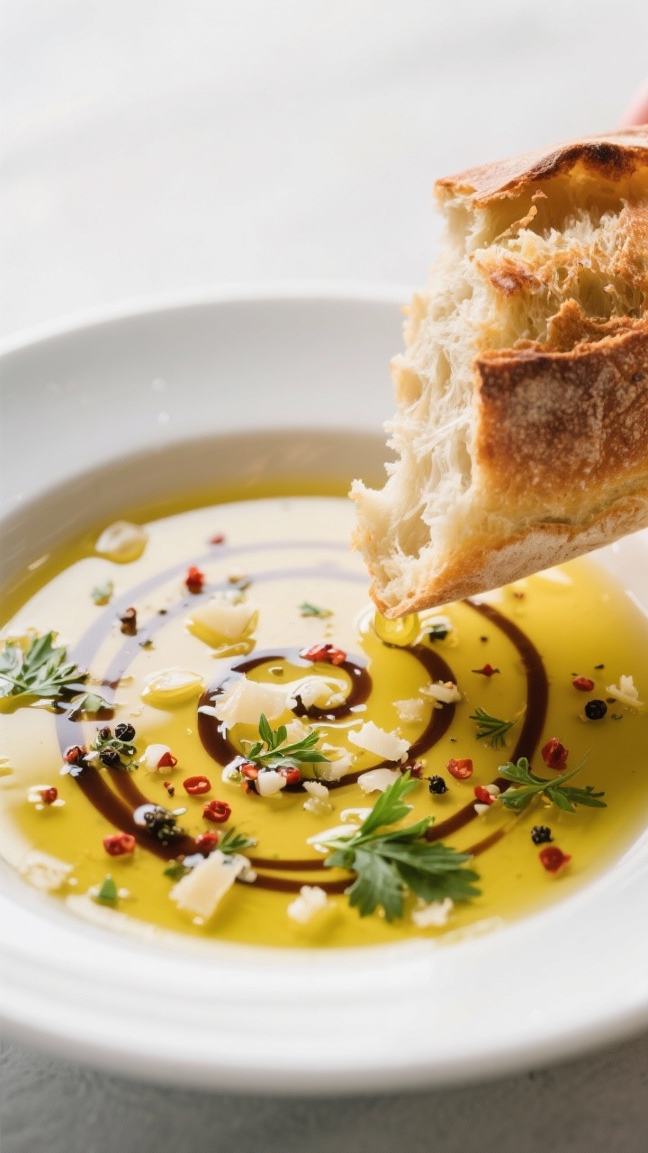 Close-up detail: Warm, torn piece of crusty sourdough being dipped into a shallow white dish of gold