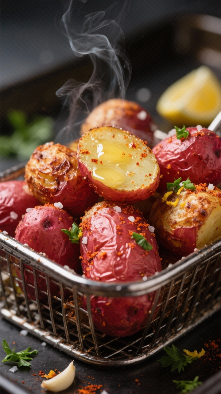 Close-up detail: Whole air-fried baby red potatoes just out of the basket, skins blistered and sligh
