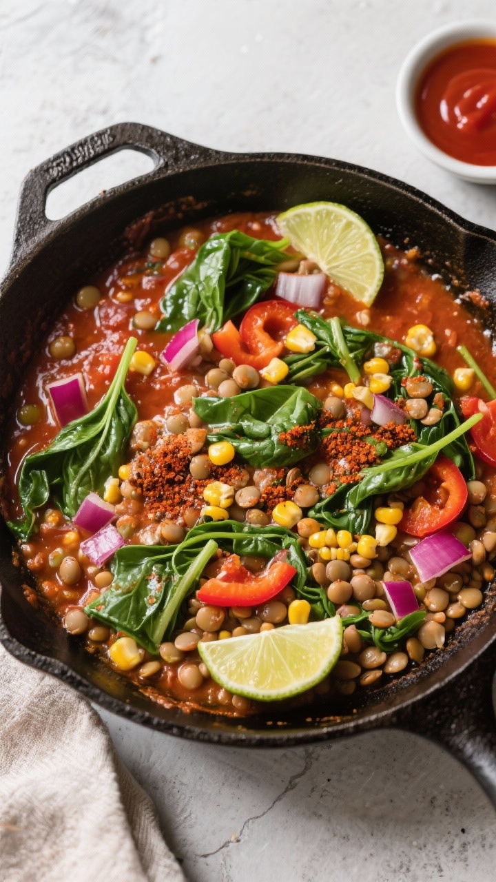 Cooking process: 15-minute lentil taco skillet mid-simmer in a cast-iron pan—canned lentils coated