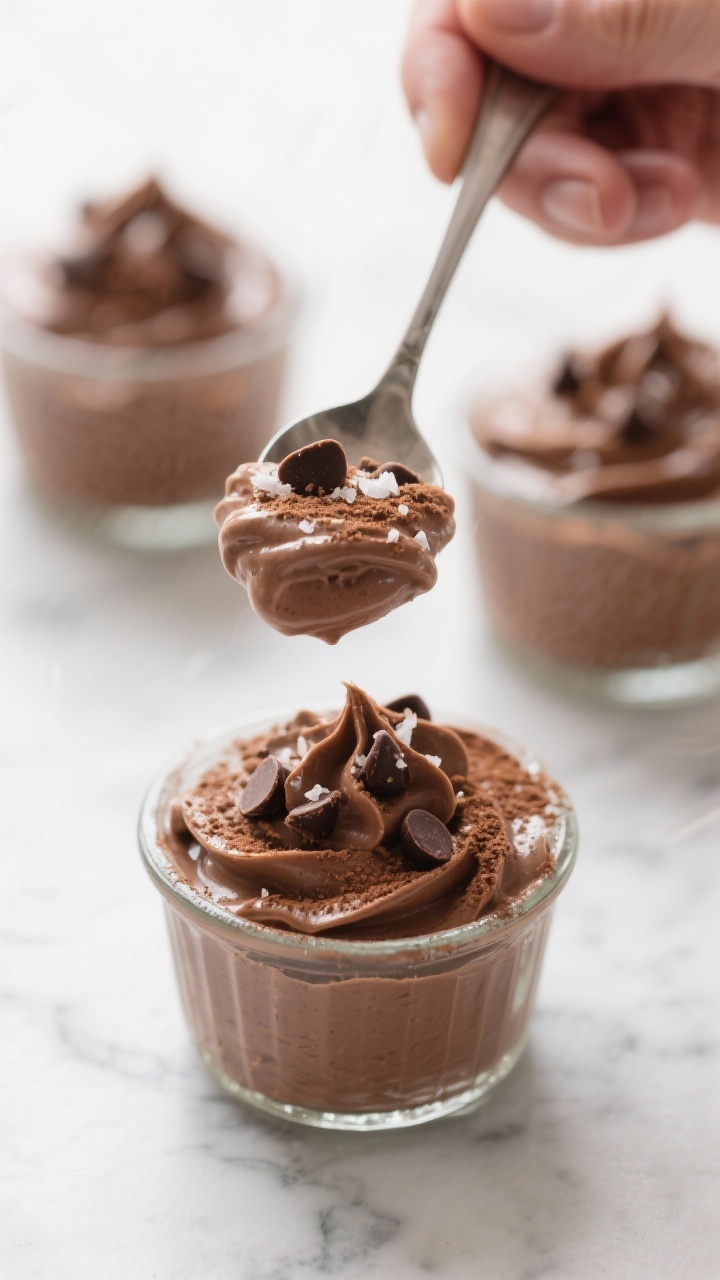 Cooking process: 5-minute sugar-free chocolate mousse being spooned into small glass ramekins; ultra